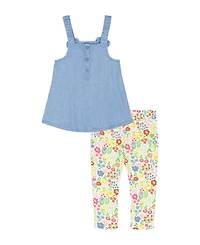 Kids Headquarters Girls' 2T-6X Denim Tunic Top and Print Capri Leggings, 2 Piece-Set