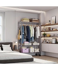 Rainsken Heavy Duty Garment Rack on Wheels, 3 Tiers Adjustable Wire Shelving, Clothes Rack with 1 Rods and Side Hooks for Bedroom and Wardrobe, Chrome