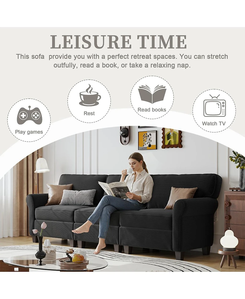 Streamdale Furniture 94" 3-Seater Corduroy Sofa Couch with Deep Seats & Removable Cushions