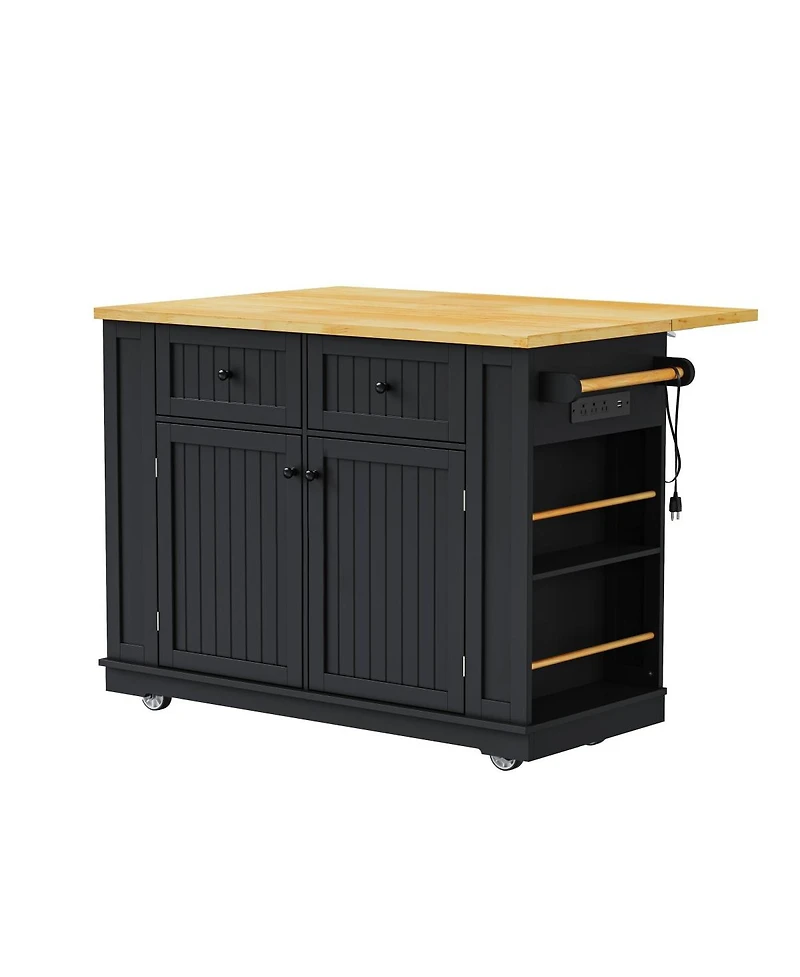 Streamdale Furniture 48" Large Kitchen Island with Drop Leaf, Power Outlet, Storage, Black