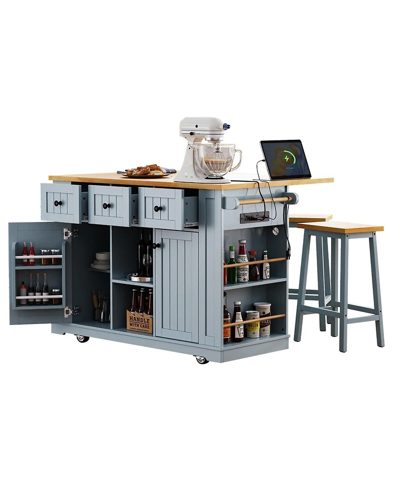 Streamdale Furniture Kitchen Island w/ 2 Stools, Power Outlet, Storage, Drop Leaf, 5 Wheels