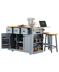 Streamdale Furniture Kitchen Island w/ 2 Stools, Power Outlet, Storage, Drop Leaf, 5 Wheels