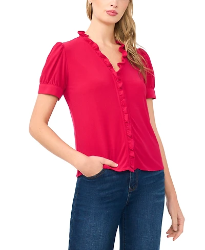 CeCe Women's V-Neck Short-Sleeve Buttoned Top