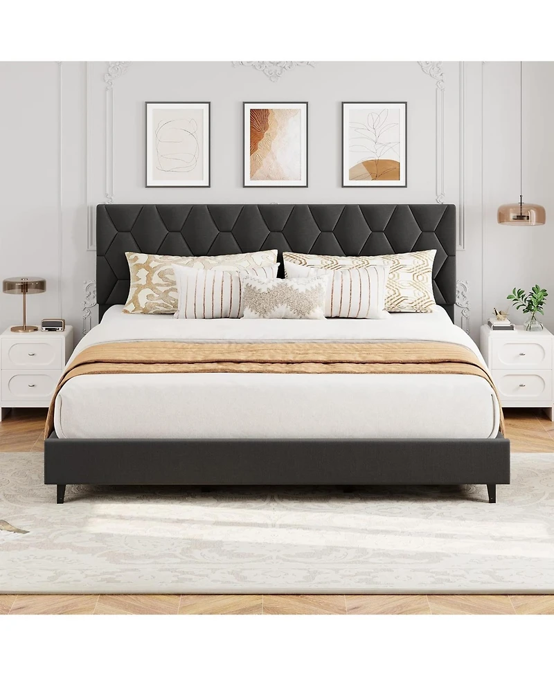 gaomon Bed Frame with Upholstered Headboard,Heavy-Duty Platform Bed Frame with Strong Wood Slats