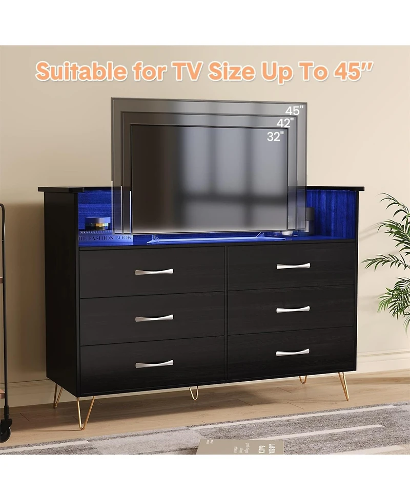 gaomon 6-Drawer Dresser with Usb Charging Station & Led Lights, Modern Wide Chest of Drawers, Large Bedroom Storage Tower Organizer in Black