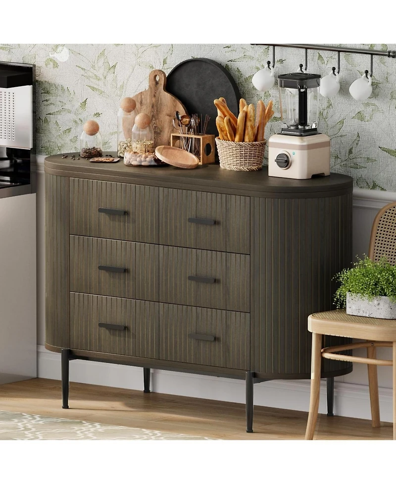 gaomon Fluted 6 Drawer Dresser for Bedroom, 59in Large Mid Century Modern Wooden Chest Dresser Tv Stand with Curved Profile Design and Gold Handles