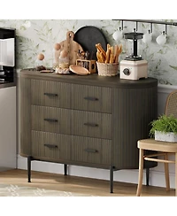 gaomon Fluted 6 Drawer Dresser for Bedroom, 59in Large Mid Century Modern Wooden Chest Dresser Tv Stand with Curved Profile Design and Gold Handles