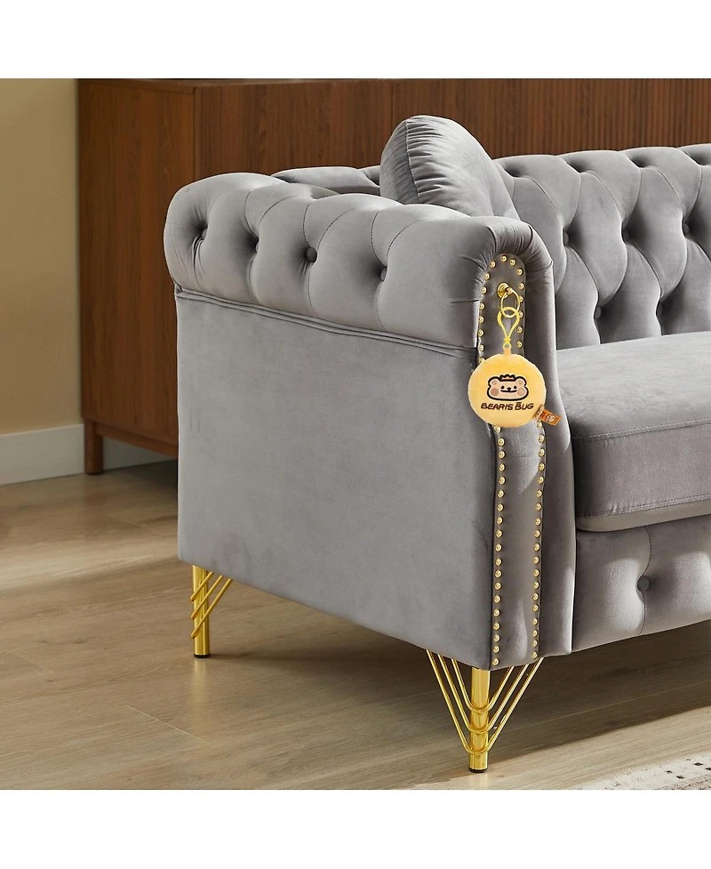 Streamdale Furniture Velvet Chesterfield Sofa with Copper Studs & Tufted Buttons, Metal Legs