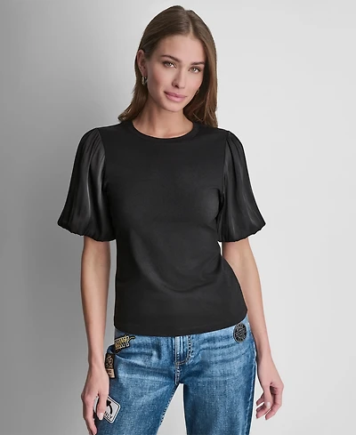 Dkny Women's Puffed Crewneck Mix Media Knit Top