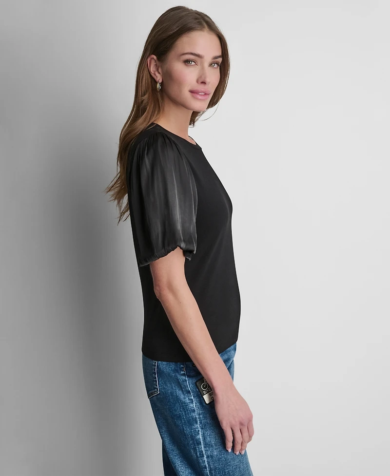 Dkny Women's Puffed Crewneck Mix Media Knit Top