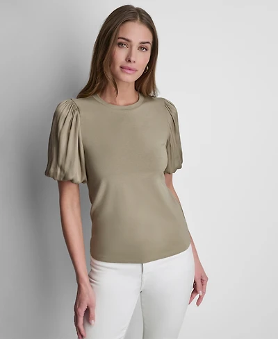 Dkny Women's Puffed Crewneck Mix Media Knit Top
