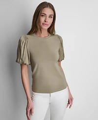 Dkny Women's Puffed Crewneck Mix Media Knit Top