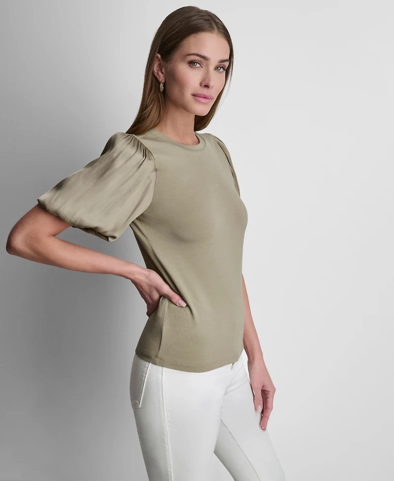 Dkny Women's Puffed Crewneck Mix Media Knit Top
