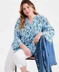 Style & Co Plus Printed Pintucked Top, Macy's Exclusive