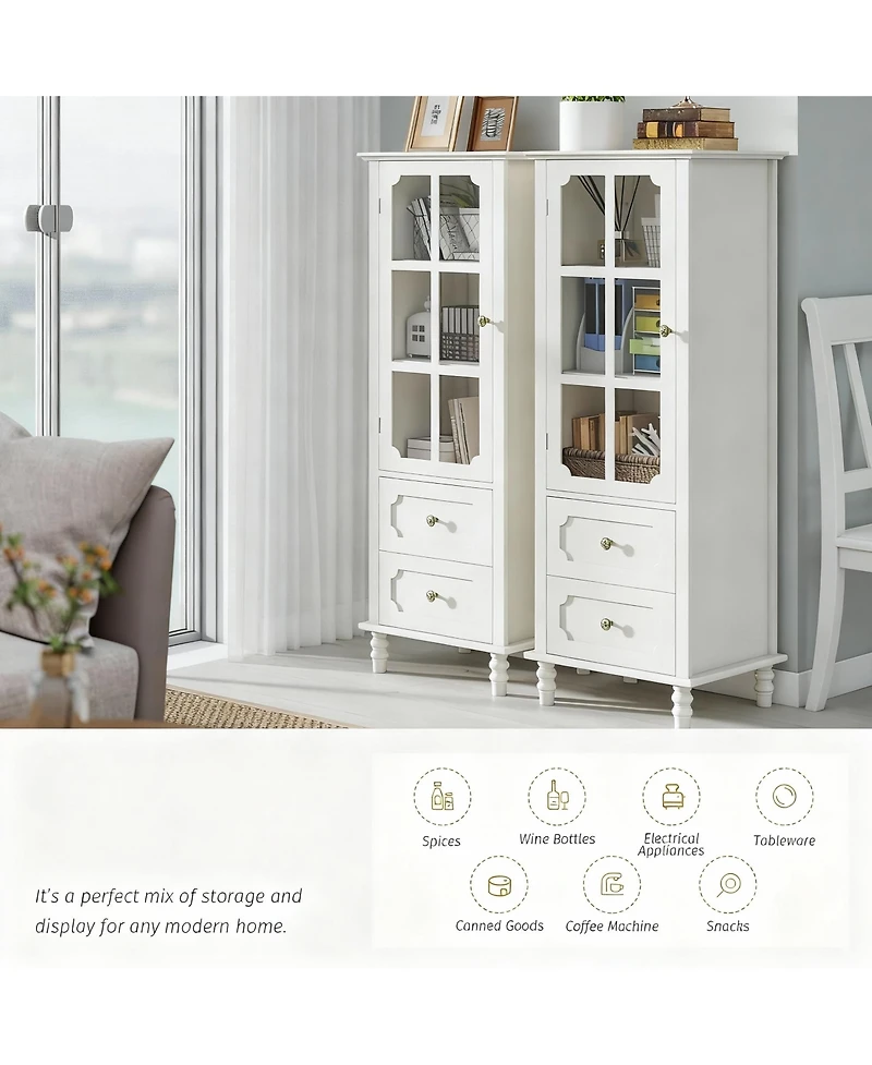 Yigii Tall Narrow Buffet Cabinet 52" White Kitchen Pantry 2 Glass Doors 2 Drawer