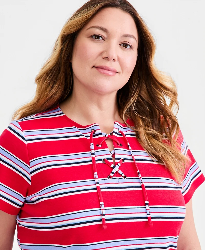 Style & Co Plus Striped Lace-Up Short-Sleeve Top