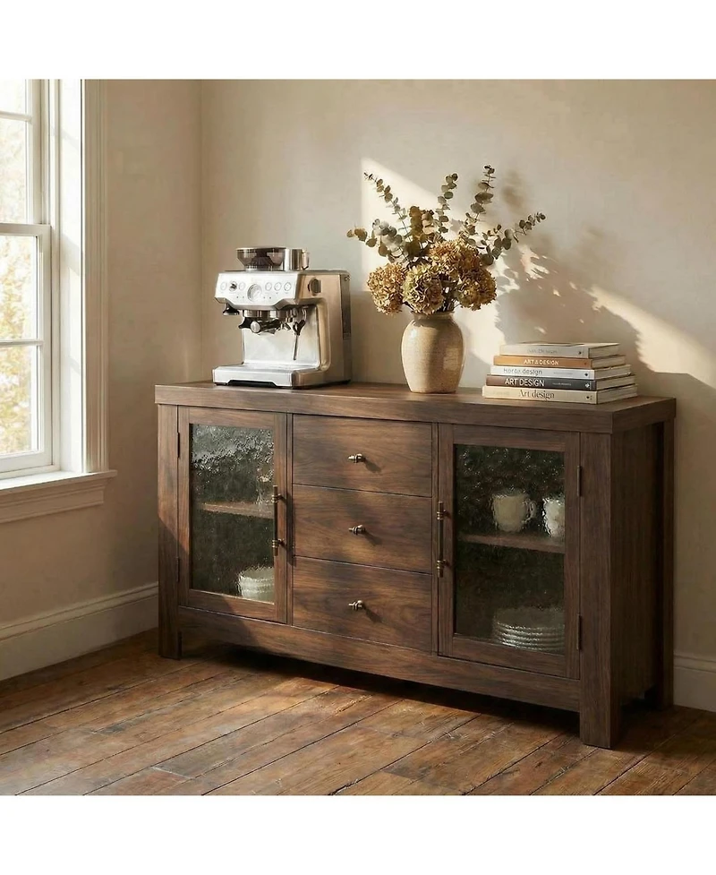 gaomon Buffet Sideboard Cabinet, Wood Storage with 2 Glass Doors & 3 Drawers, Coffee Bar and Tv Stand for Living Room