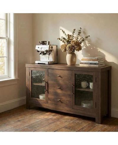 gaomon Buffet Sideboard Cabinet, Wood Storage with 2 Glass Doors & 3 Drawers, Coffee Bar and Tv Stand for Living Room