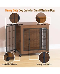 Aostirmotor 27.2" Dog Crate Furniture End Table with Wheels, 2-Door Heavy Duty Kennel for Small Dogs