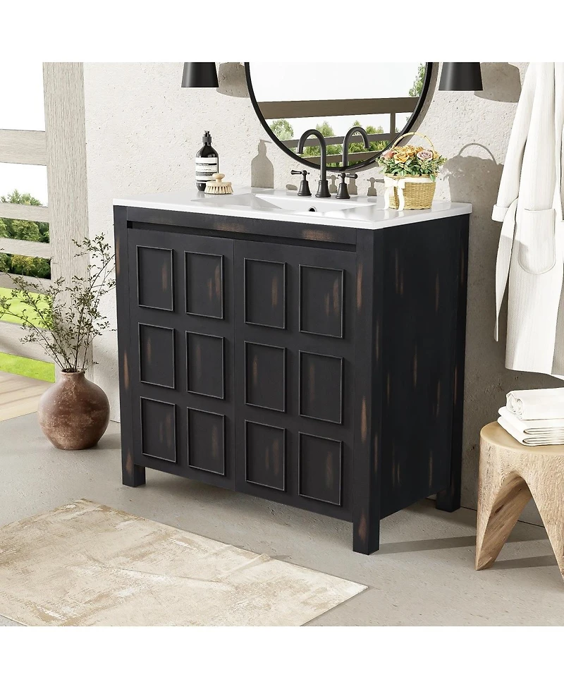 Sillysis 36" Antique Bathroom Vanity with Ceramic Sink, Solid Wood Frame & Soft Close Doors, Spacious Storage Cabinet for Modern Bathrooms