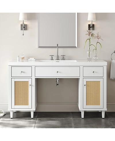 Sillysis 60" Wheelchair Accessible Bathroom Vanity with Smc Sink, Modern Storage Cabinet with Soft Close Drawers & Pine Legs