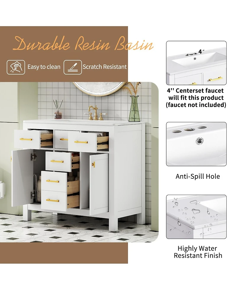 Sillysis 36" Modern Solid Wood Bathroom Vanity with Ceramic Sink, 4 Drawers & 2 Soft Close Doors Freestanding Cabinet