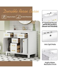 Sillysis 36" Modern Solid Wood Bathroom Vanity with Ceramic Sink, 4 Drawers & 2 Soft Close Doors Freestanding Cabinet