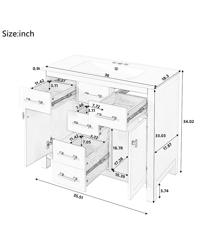Sillysis 36" Modern Solid Wood Bathroom Vanity with Ceramic Sink, 4 Drawers & 2 Soft Close Doors Freestanding Cabinet