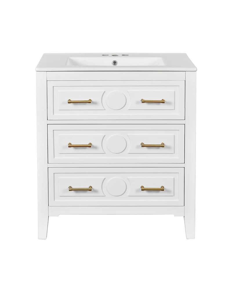 Sillysis 30" Bathroom Vanity with Ceramic Sink, Retro Solid Wood Cabinet & 3 Drawer Storage for Small Spaces