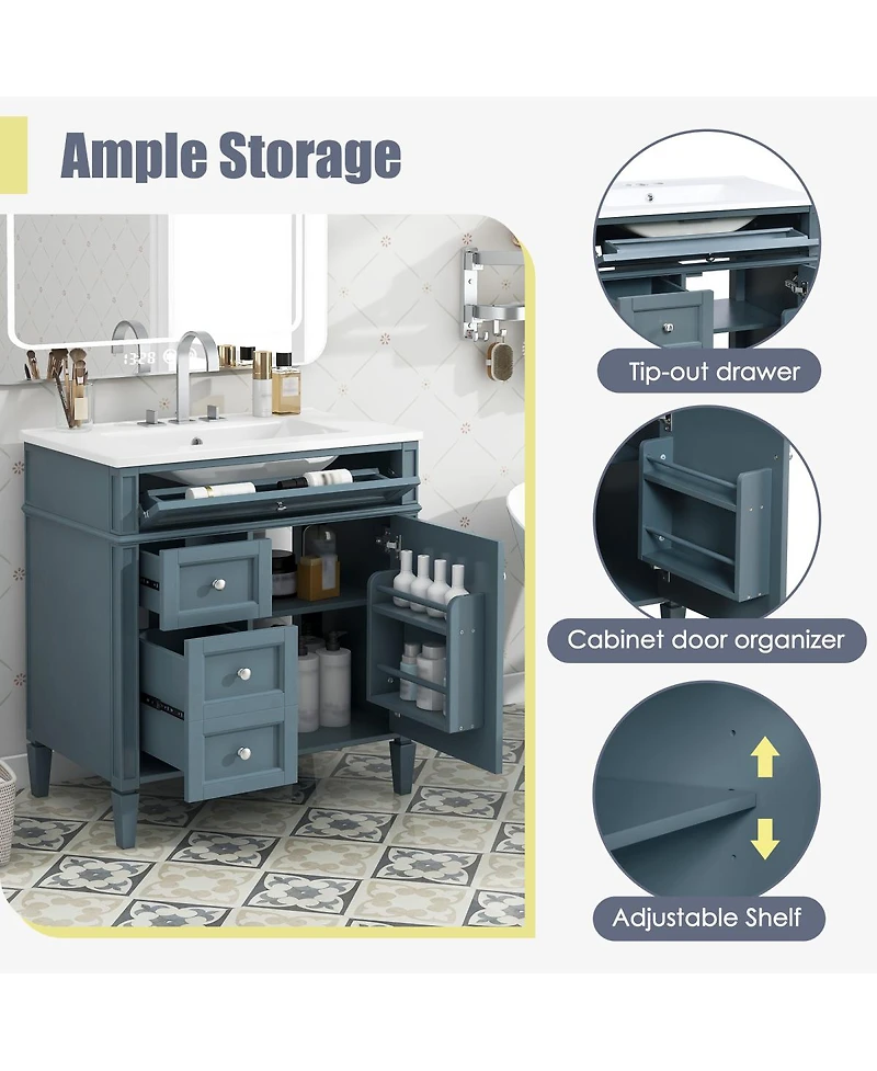 Sillysis Bathroom Vanity with Ceramic Sink, Solid Wood Cabinet, Ample Storage Drawers Adjustable Shelf for Small