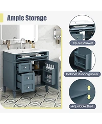 Sillysis Bathroom Vanity with Ceramic Sink, Solid Wood Cabinet, Ample Storage Drawers Adjustable Shelf for Small