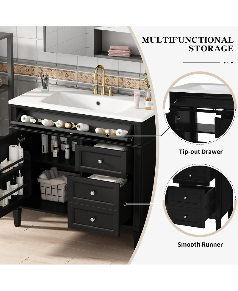 Sillysis 36" Modern Bathroom Vanity with Resin Sink, Freestanding Cabinet 2 Drawers & Tip-out Drawer