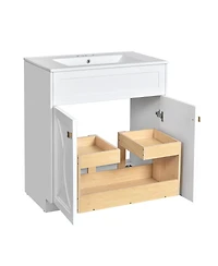 Sillysis 30" Modern Bathroom Vanity with Ceramic Sink, Retractable Rack & Large Storage Cabinet for Small Spaces