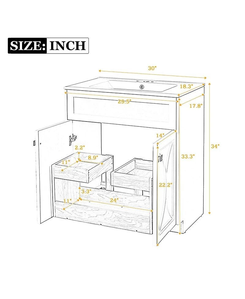 Sillysis 30" Modern Bathroom Vanity with Ceramic Sink, Retractable Rack & Large Storage Cabinet for Small Spaces