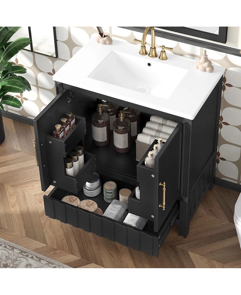 Sillysis 30" Bathroom Vanity with Sink, Solid Wood Cabinet & Push-to-Open Drawer for Modern Bathrooms