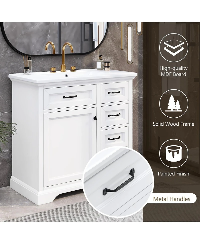 Sillysis 36" Bathroom Vanity with Ceramic Sink, Classic Modern Rubber Wood Cabinet & Ample Drawer Storage for Small Spaces