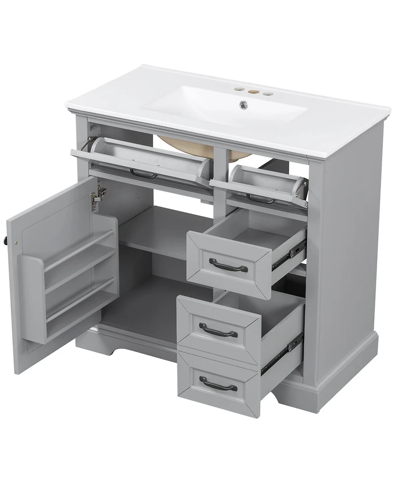 Sillysis 36" Bathroom Vanity with Ceramic Sink, Classic Modern Rubber Wood Cabinet & Ample Drawer Storage for Small Spaces