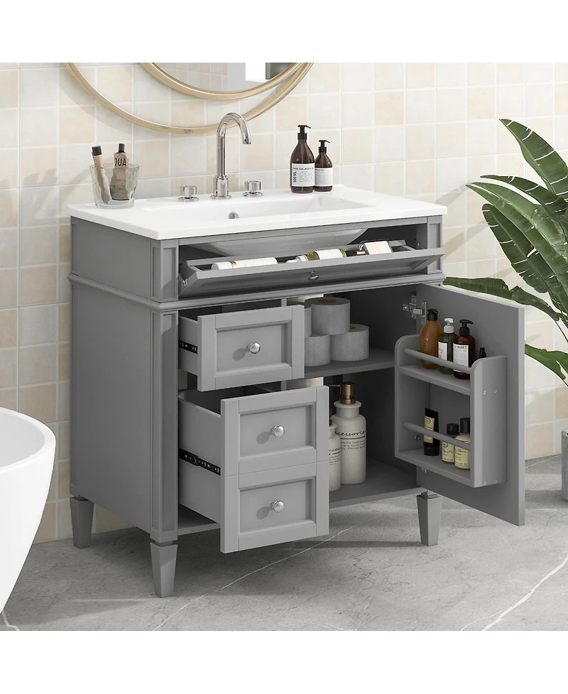 Sillysis Bathroom Vanity with Ceramic Sink, Solid Wood Cabinet, Ample Storage Drawers Adjustable Shelf for Small