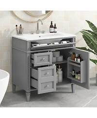 Sillysis Bathroom Vanity with Ceramic Sink, Solid Wood Cabinet, Ample Storage Drawers Adjustable Shelf for Small
