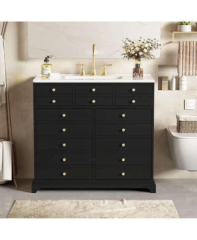 Sillysis 36" Bathroom Vanity with Ceramic Sink, Solid Wood Cabinet, 2 Drawers Doors Soft Close Storage for Small Bathrooms