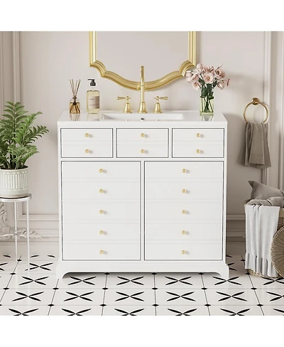 Sillysis 36" Bathroom Vanity with Ceramic Sink, Solid Wood Cabinet, 2 Drawers 2 Doors Soft Close Storage for Small Bathrooms