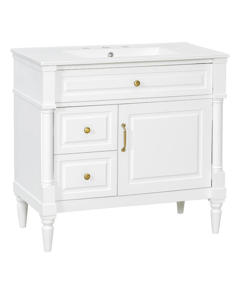Sillysis 36" Bathroom Vanity with Sink, Solid Wood Cabinet Flip Drawer and Adjustable Shelf, Freestanding Modern Storage