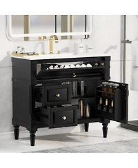 Sillysis 36" Bathroom Vanity with Sink, Solid Wood Cabinet Flip Drawer and Adjustable Shelf, Freestanding Modern Storage