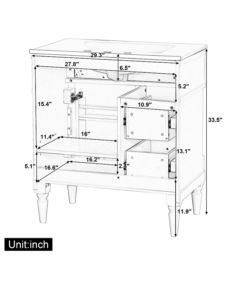 Sillysis 30" Bathroom Vanity with Ceramic Sink, Modern Solid Wood Freestanding Cabinet for Small Spaces