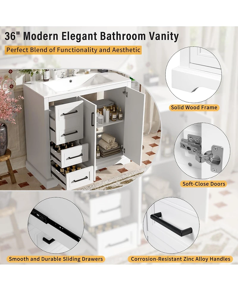 Sillysis 36" Modern Bathroom Vanity with Ceramic Sink, Solid Wood Frame & Soft Close Drawers for Small Spaces
