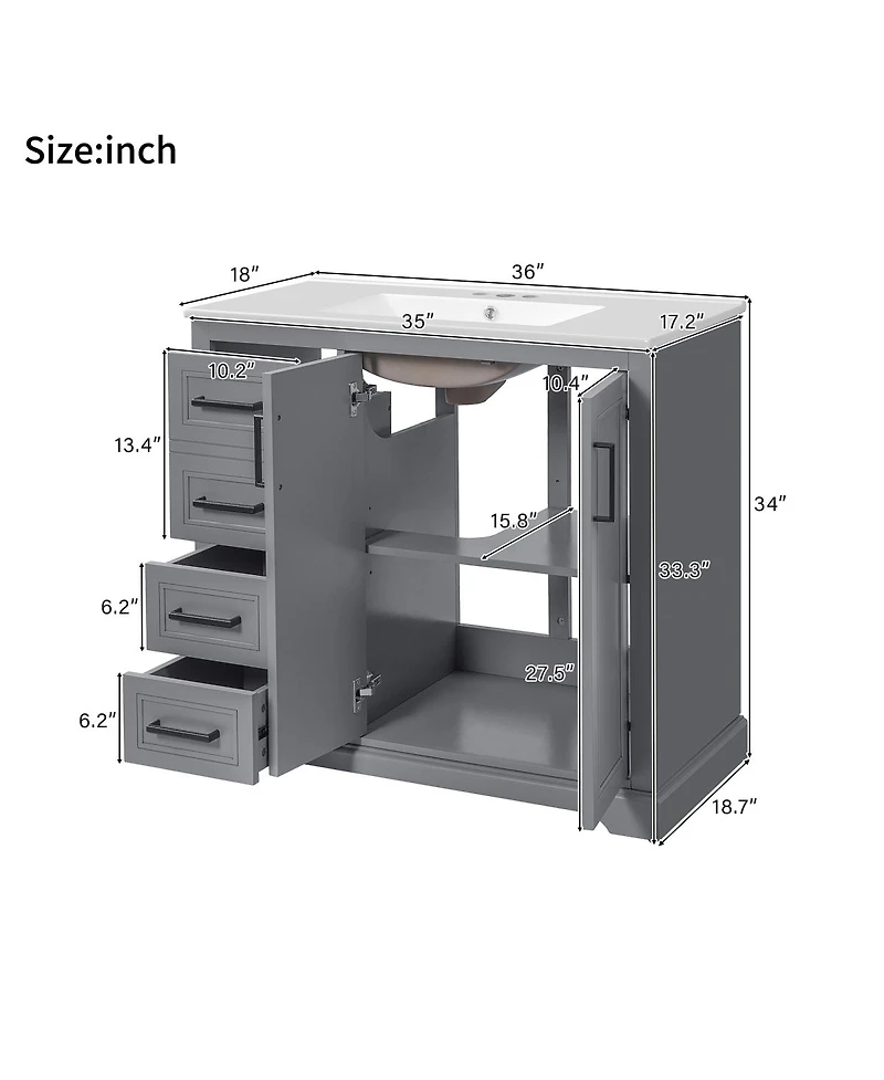 Sillysis 36" Modern Bathroom Vanity with Ceramic Sink, Solid Wood Frame & Soft Close Drawers for Small Spaces