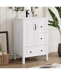 Sillysis 24" Light Green Bathroom Vanity with Ceramic Sink, Freestanding Retro Mdf Cabinet, Soft-Close Drawers, Ample Storage for Small Spaces