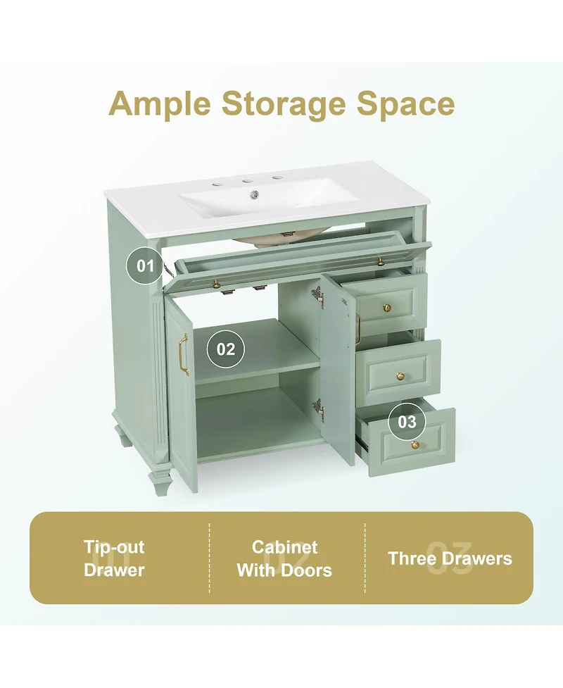 Sillysis 36" Bathroom Vanity with Ceramic Sink and Tilt-Out Drawer, Freestanding Classic Modern Storage