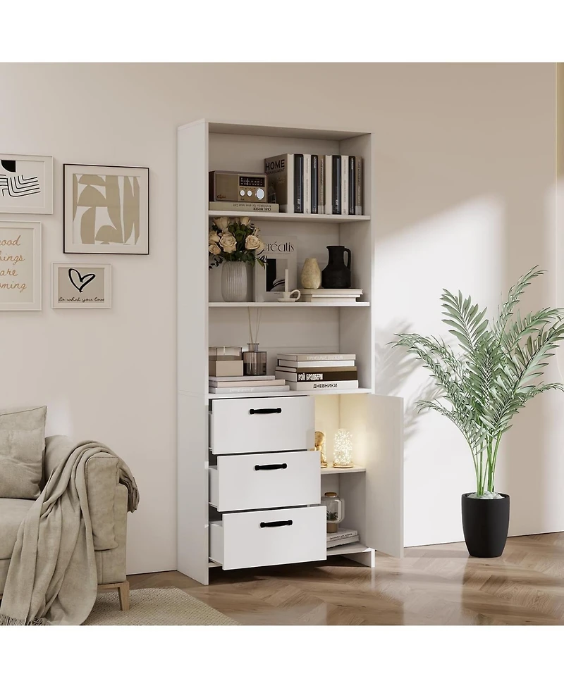 gaomon 6-Tier Bookshelf with Door and 3 Drawers, 71" Tall Bookcase with 3-Tier Open Shelves