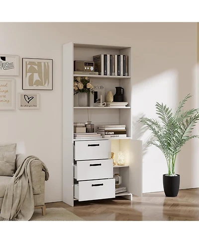 gaomon 6-Tier Bookshelf with Door and 3 Drawers, 71" Tall Bookcase with 3-Tier Open Shelves